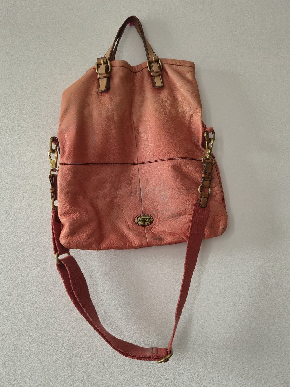Fossil Vintage Coral Leather Convertible Satchel Crossbody Boho